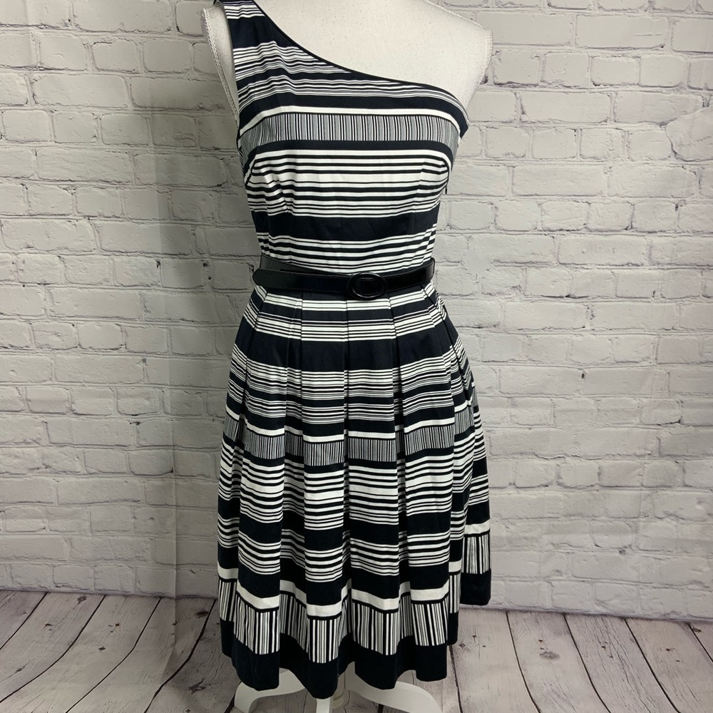 White House Black Market One Shoulder Striped Dress - Black and White